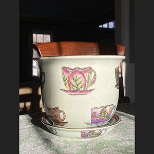 Chinoiserie Tea Cup Planter With Dish - Cabbageware, Rattan, Cherry Blossoms